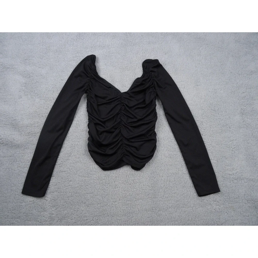 Zara Womens Top Size Small Black Ruched Front Back Long Sleeve Double V-Neck NWT